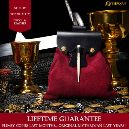 Mythrojan “Gold and Dice” Medieval Fantasy Belt Bag with Bone Needle Closure, Ideal for SCA LARP reenactment &amp; Ren fair, Black and Maroon, 7”×7”