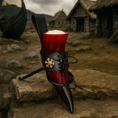 Mythrojan The Red Witch Viking Drinking Horn with Leather holder Authentic Medieval Inspired Viking Wine/Mead Mug - Polished Finish - 400ML