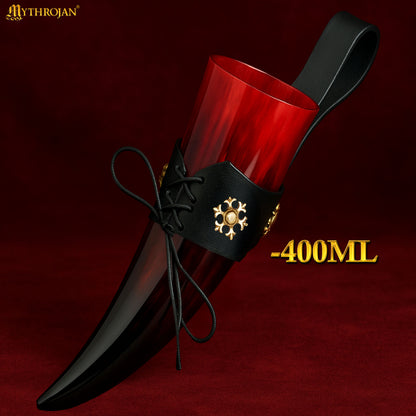 Mythrojan The Red Witch Viking Drinking Horn with Leather holder Authentic Medieval Inspired Viking Wine/Mead Mug - Polished Finish - 400ML