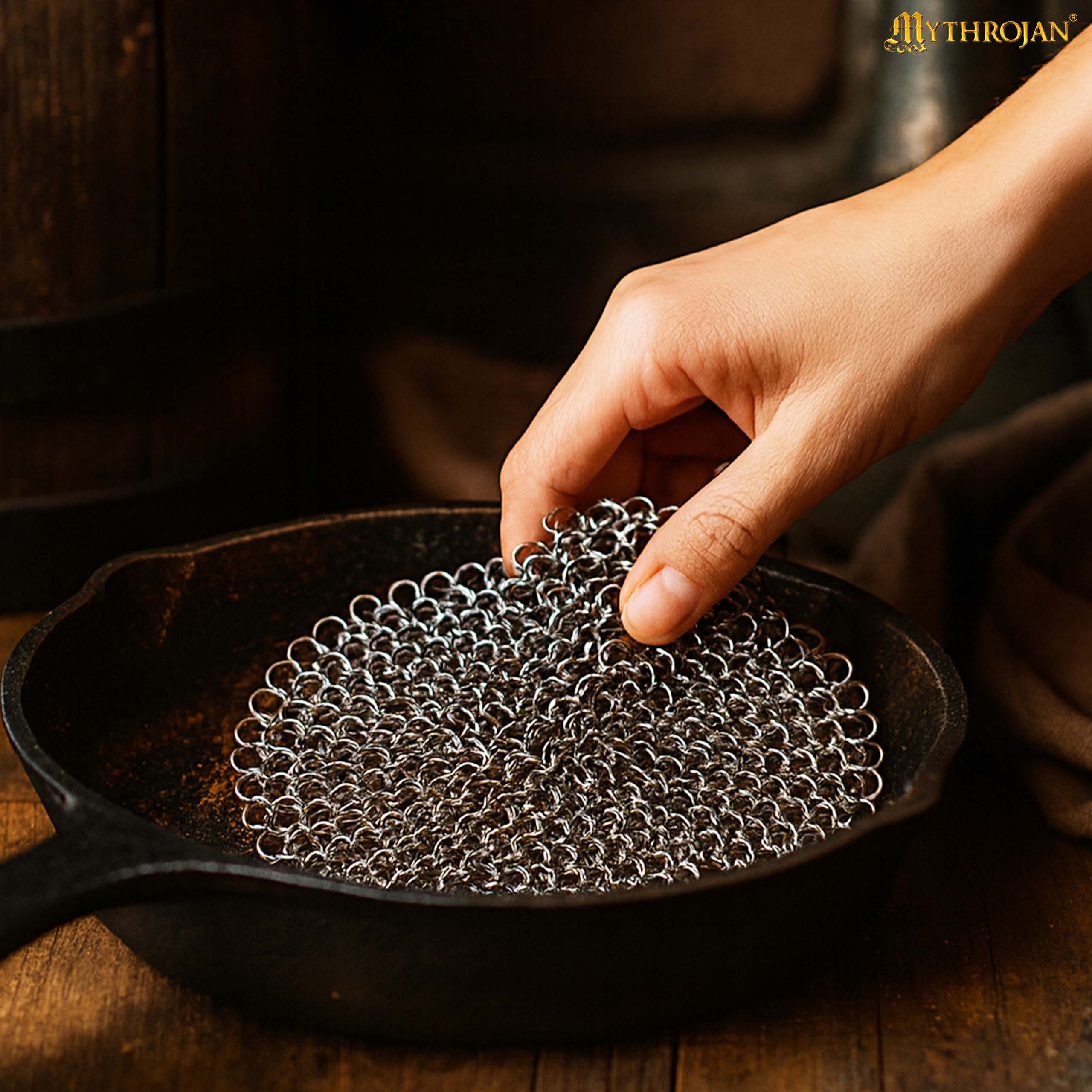 Mythrojan Chainmail Round Stainless Steel Scrubber, Ideal for Cleaning Cast Iron Skillet, Wok, Cooking Pot, Griddle or Cast Iron Cauldron Maintenance, Diameter: 4.7”