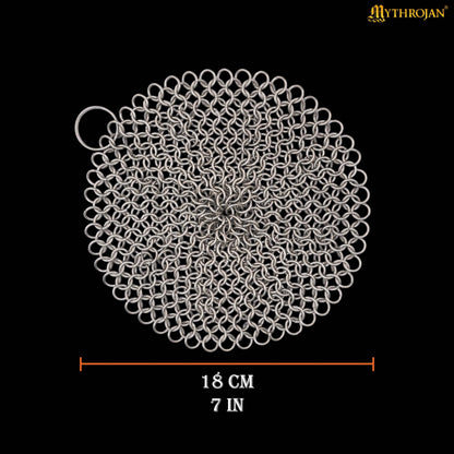 Mythrojan Chainmail Round Stainless Steel Scrubber, Ideal for Cleaning Cast Iron Skillet, Wok, Cooking Pot, Griddle or Cast Iron Cauldron Maintenance, Diameter: 4.7”
