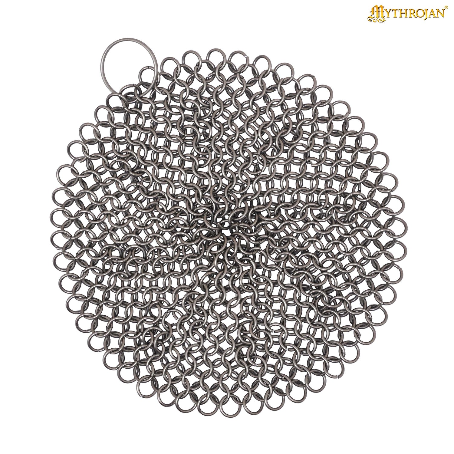 Mythrojan Chainmail Round Stainless Steel Scrubber, Ideal for Cleaning Cast Iron Skillet, Wok, Cooking Pot, Griddle or Cast Iron Cauldron Maintenance, Diameter: 4.7”