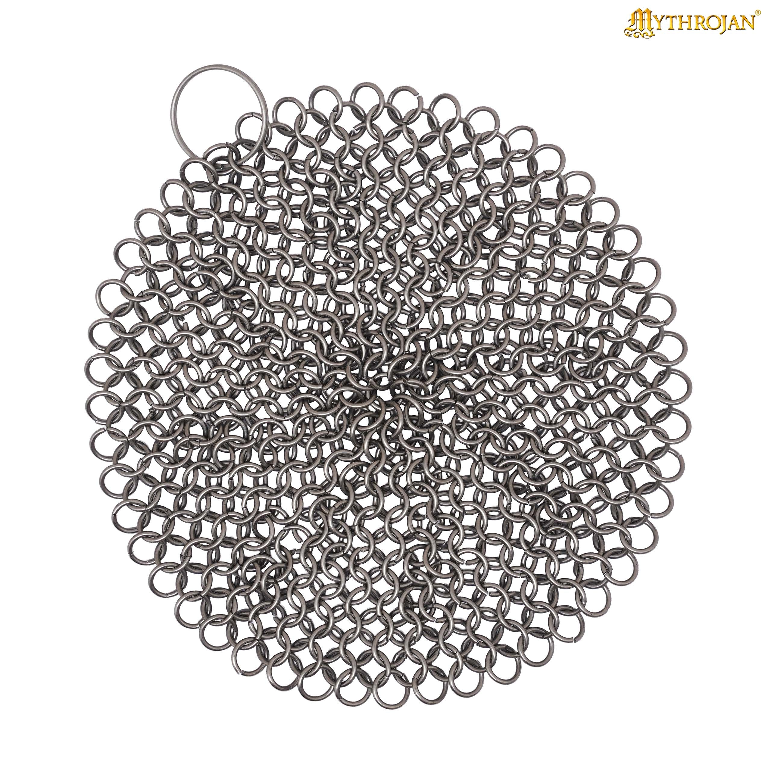 Mythrojan Chainmail Round Stainless Steel Scrubber, Ideal for Cleaning Cast Iron Skillet, Wok, Cooking Pot, Griddle or Cast Iron Cauldron Maintenance, Diameter: 4.7”