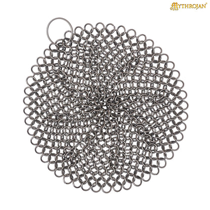 Mythrojan Chainmail Round Stainless Steel Scrubber, Ideal for Cleaning Cast Iron Skillet, Wok, Cooking Pot, Griddle or Cast Iron Cauldron Maintenance, Diameter: 4.7”