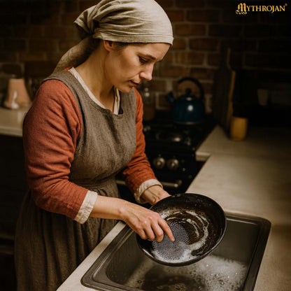 Mythrojan Chainmail Round Stainless Steel Scrubber, Ideal for Cleaning Cast Iron Skillet, Wok, Cooking Pot, Griddle or Cast Iron Cauldron Maintenance, Diameter: 4.7”