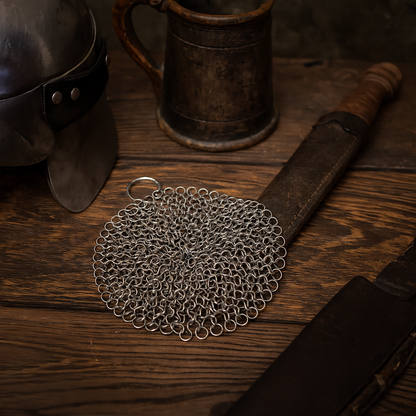 Mythrojan Chainmail Round Stainless Steel Scrubber, Ideal for Cleaning Cast Iron Skillet, Wok, Cooking Pot, Griddle or Cast Iron Cauldron Maintenance, Diameter: 4.7”