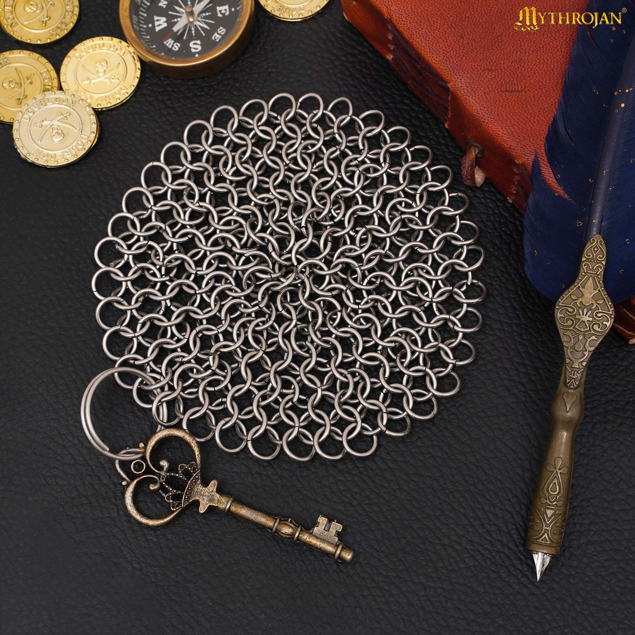 Mythrojan Chainmail Round Stainless Steel Scrubber, Ideal for Cleaning Cast Iron Skillet, Wok, Cooking Pot, Griddle or Cast Iron Cauldron Maintenance, Diameter: 7”