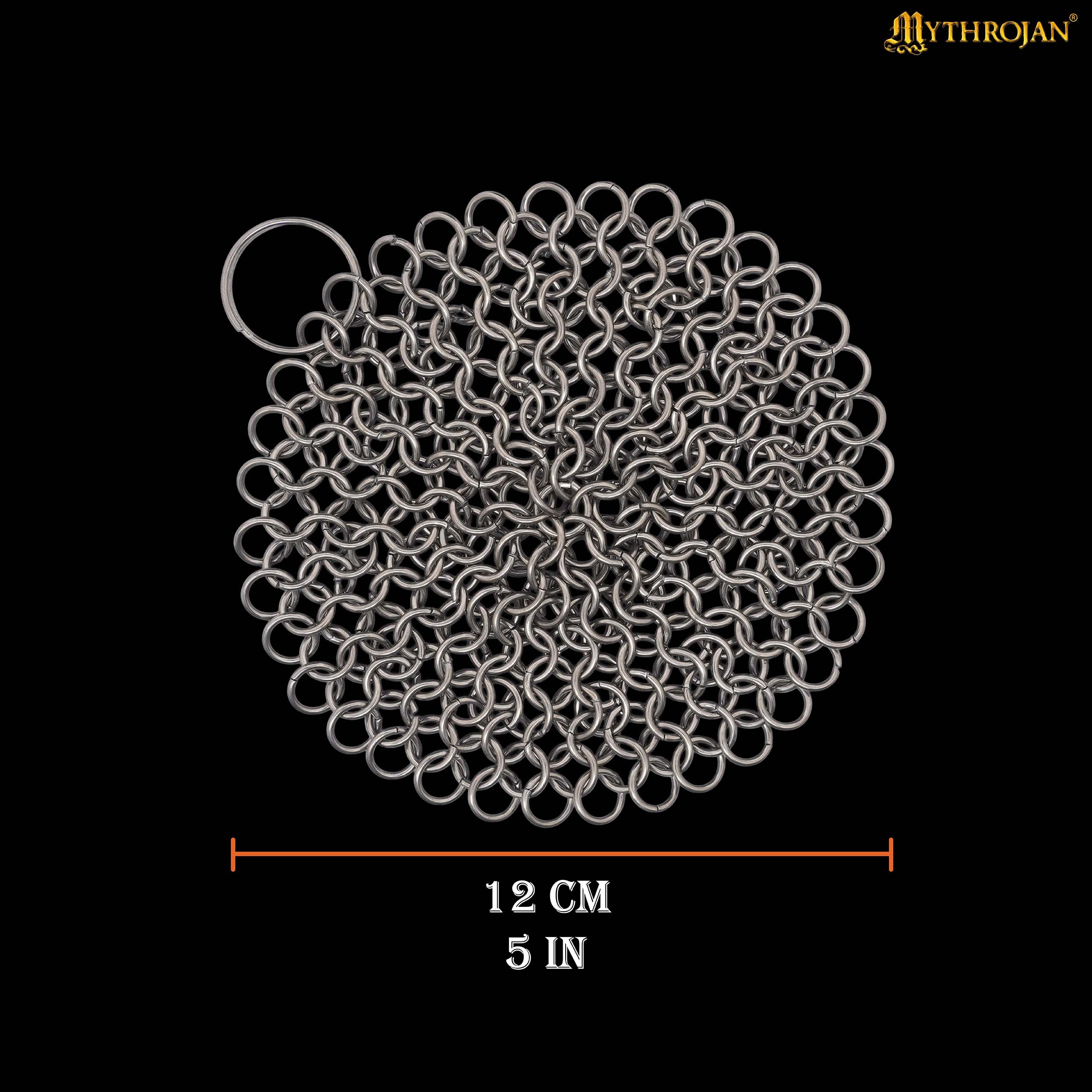 Mythrojan Chainmail Round Stainless Steel Scrubber, Ideal for Cleaning Cast Iron Skillet, Wok, Cooking Pot, Griddle or Cast Iron Cauldron Maintenance, Diameter: 7”