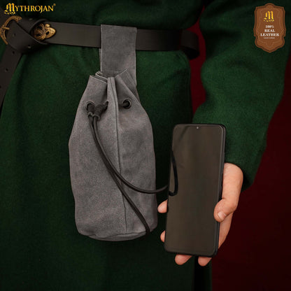Mythrojan Medieval Drawstring Belt Bag, Ideal for SCA LARP Reenactment &amp; Ren Fair, Suede Leather, Grey, 8”×6.5”