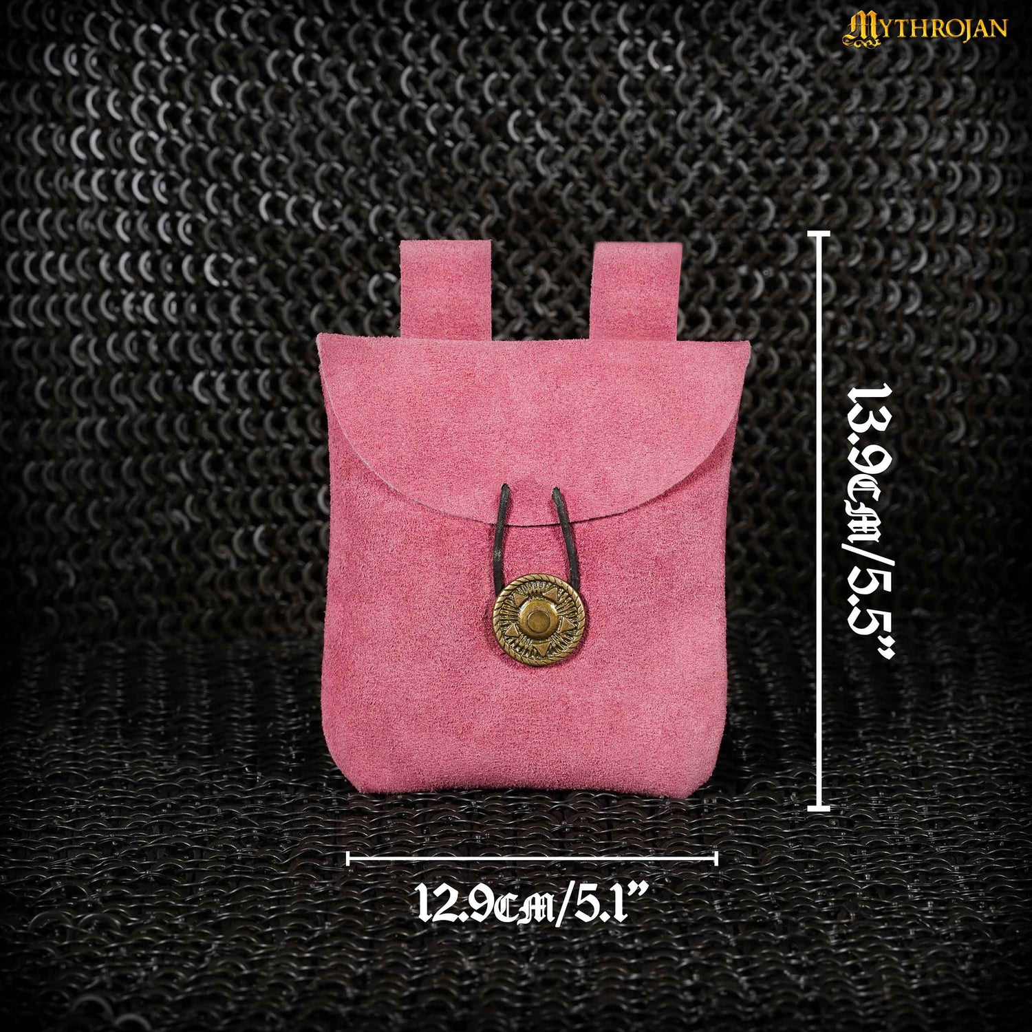 Mythrojan Suede Belt Bag, Ideal for SCA LARP Reenactment &amp; Ren fair, Suede Leather, Pink , 5 .5”× 5.1 ”