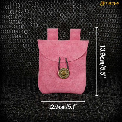 Mythrojan Suede Belt Bag, Ideal for SCA LARP Reenactment &amp; Ren fair, Suede Leather, Pink , 5 .5”× 5.1 ”