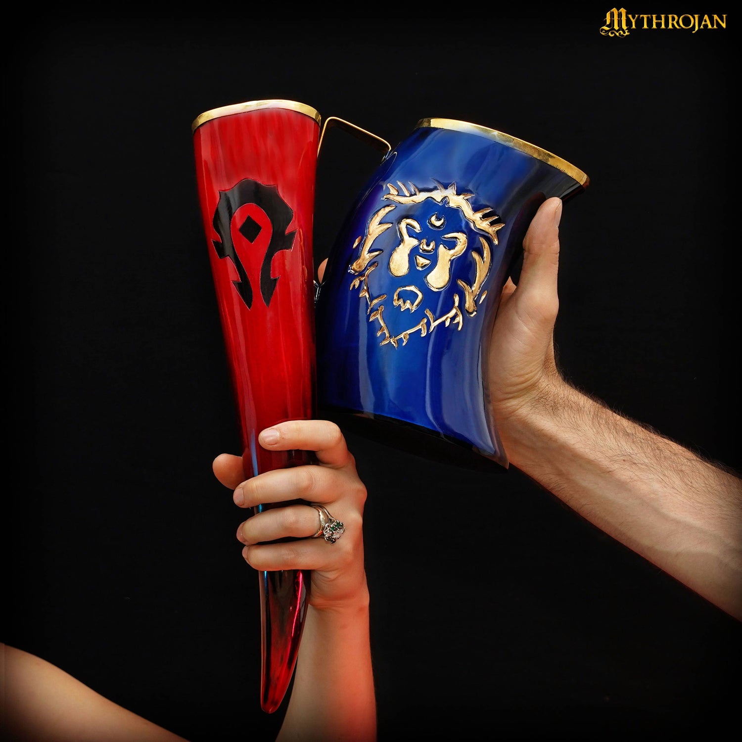 Mythrojan &quot;For the HORDE&quot; Drinking Horn : Mead Ale genuine Horn for Medieval Knight Elf ORC Undead LARP Cosplay RED, 500ml