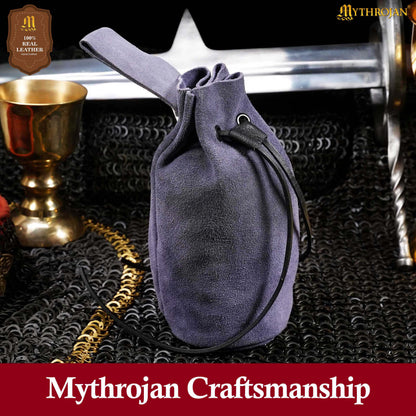 Mythrojan Medieval Drawstring Belt Bag, Ideal for SCA LARP Reenactment &amp; Ren Fair, Suede Leather, Dark Blue, 8”×6.5”