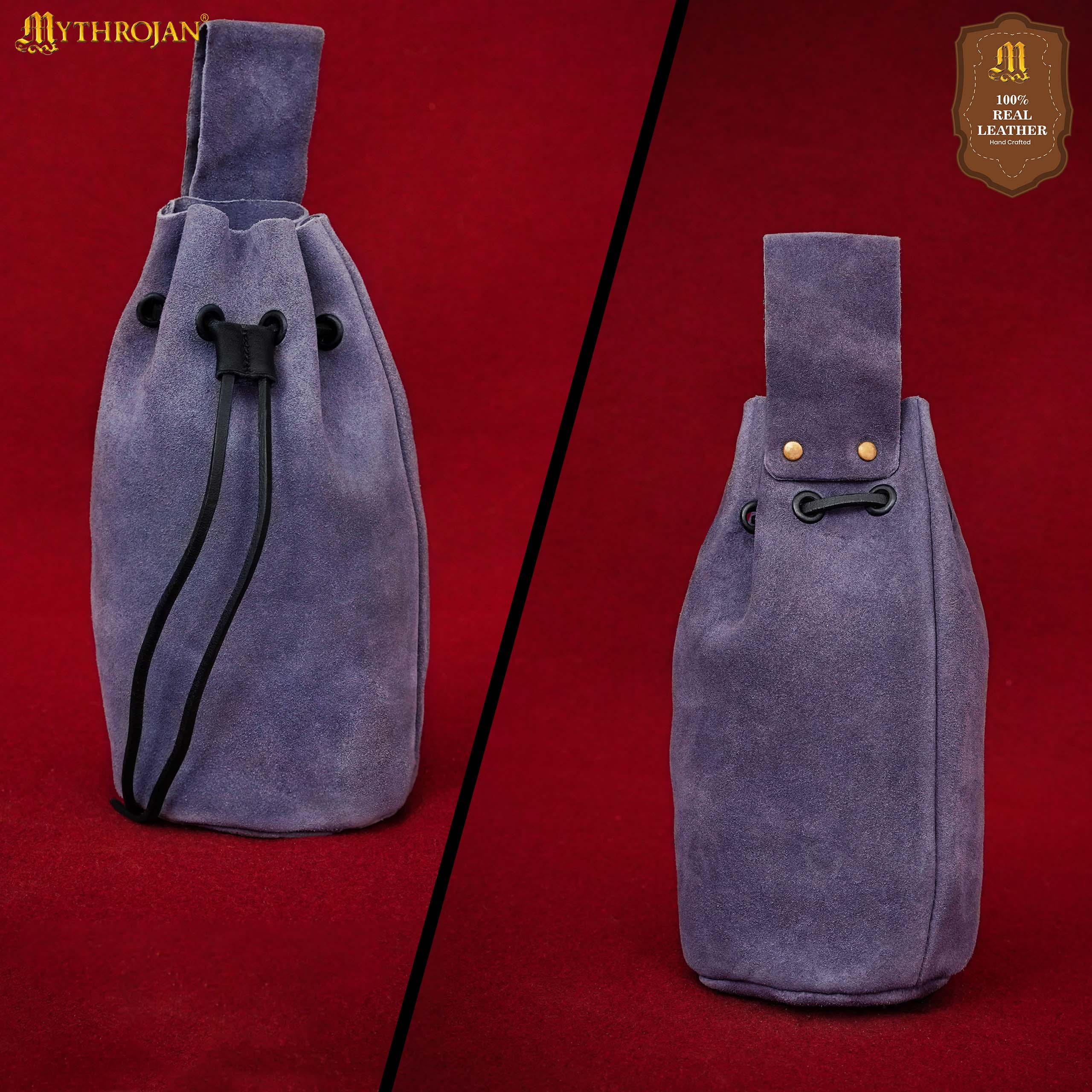 Mythrojan Medieval Drawstring Belt Bag, Ideal for SCA LARP Reenactment &amp; Ren Fair, Suede Leather, Dark Blue, 8”×6.5”