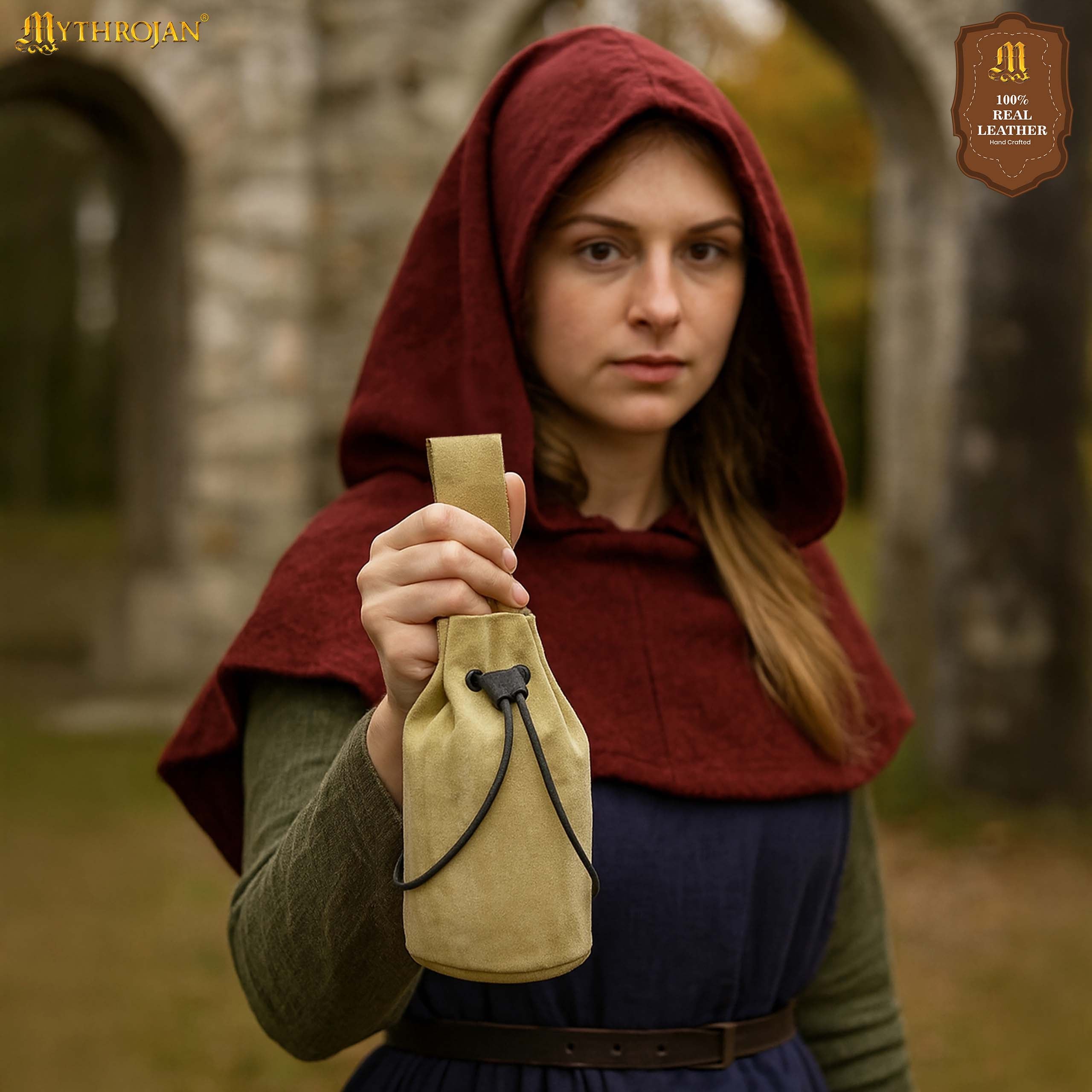 Mythrojan Medieval Drawstring Belt Bag, Ideal for SCA LARP Reenactment &amp; Ren Fair, Suede Leather, Light Green 8”×6.5”