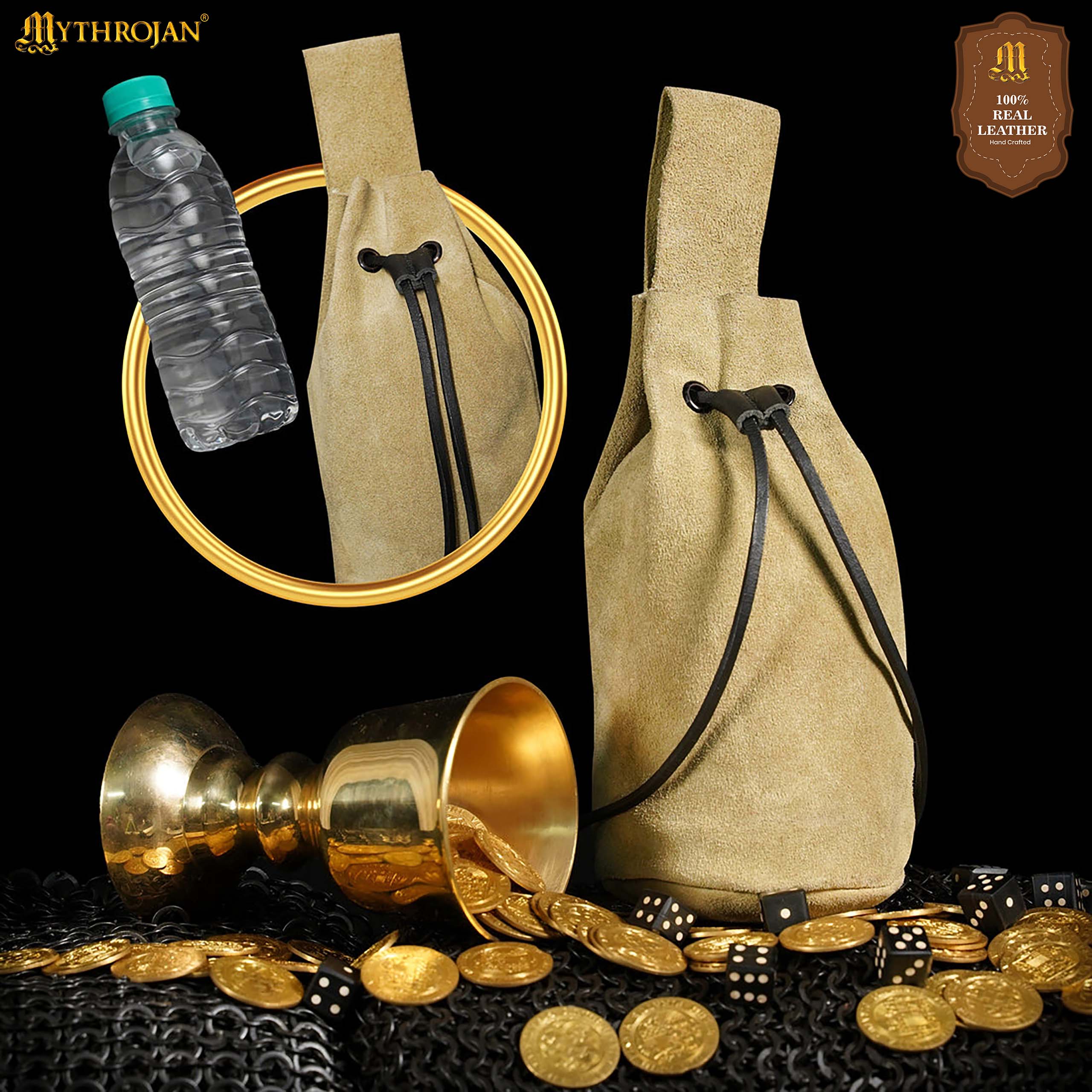Mythrojan Medieval Drawstring Belt Bag, Ideal for SCA LARP Reenactment &amp; Ren Fair, Suede Leather, Light Green 8”×6.5”