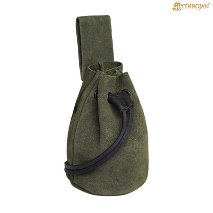Mythrojan Medieval Drawstring Belt Bag, Ideal for SCA LARP Reenactment &amp; Ren Fair, Suede Leather, Sage 6”×5”