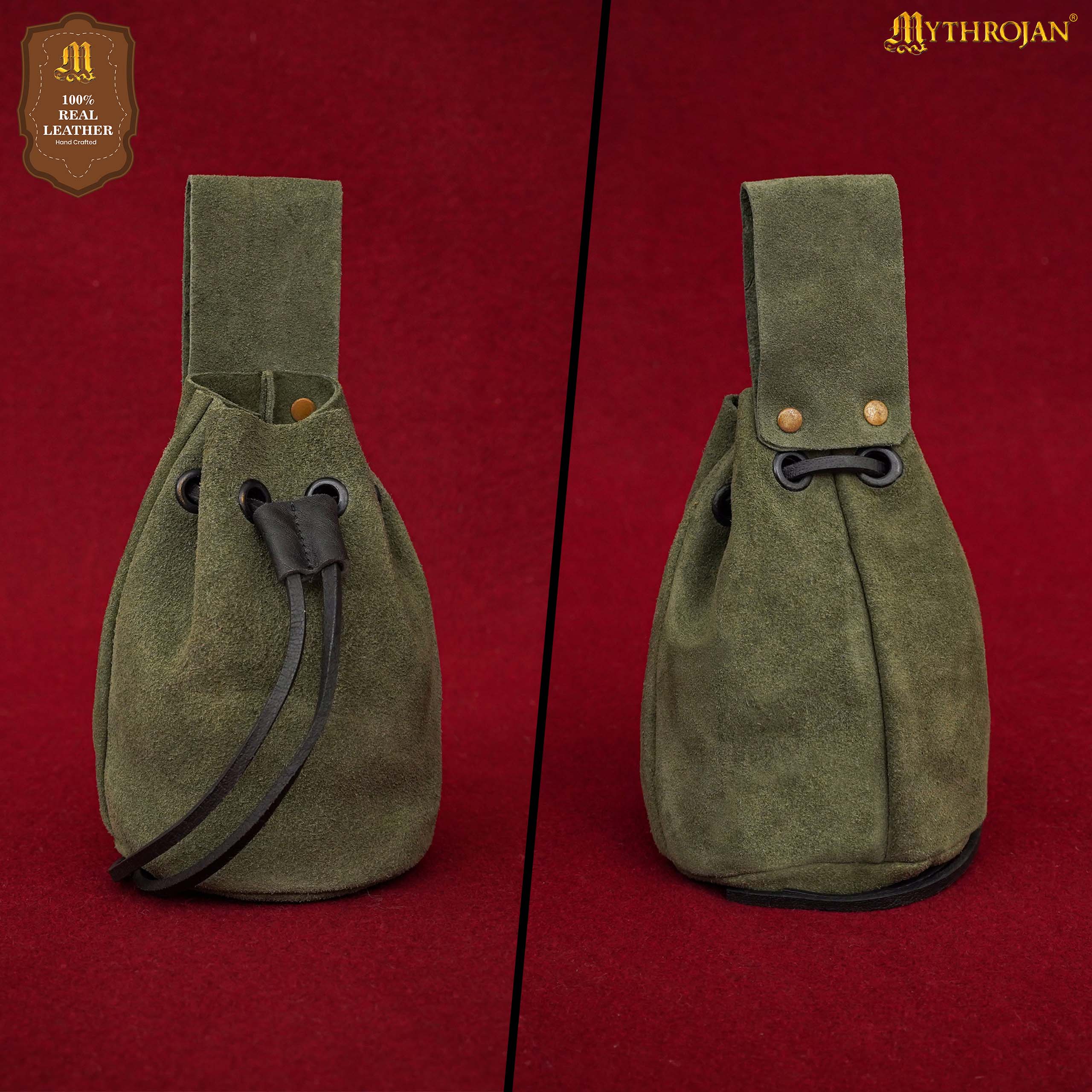Mythrojan Medieval Drawstring Belt Bag, Ideal for SCA LARP Reenactment &amp; Ren Fair, Suede Leather, Sage 6”×5”