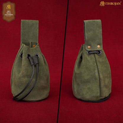 Mythrojan Medieval Drawstring Belt Bag, Ideal for SCA LARP Reenactment &amp; Ren Fair, Suede Leather, Sage 6”×5”