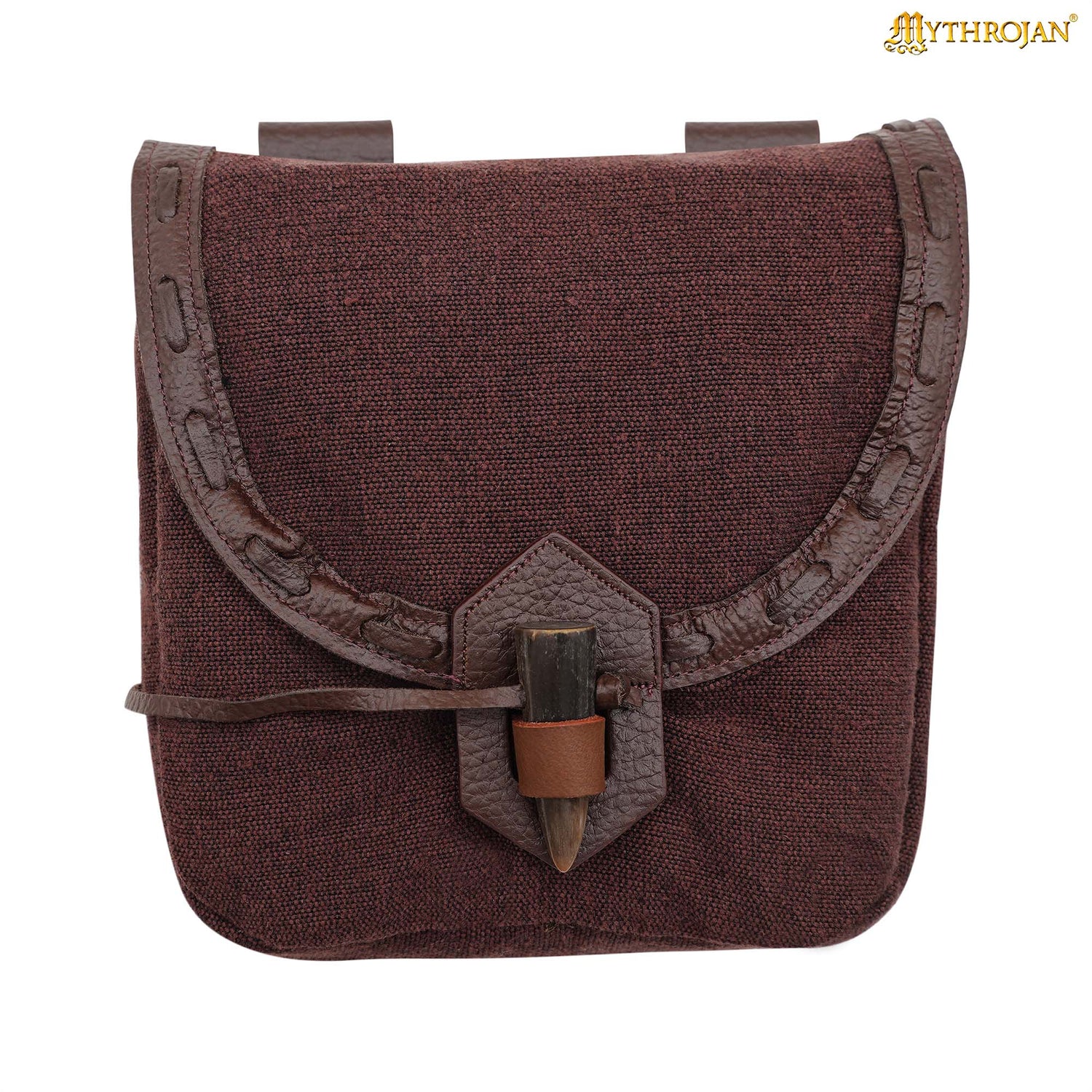 Mythrojan “The Adventurer ’s ” Belt Bag with Horn Toggle, Ideal for SCA LARP Reenactment &amp; Ren fair, Full Grain Leather and Handwoven Canvas, Brown, 8 ” ×7 ”
