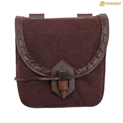 Mythrojan “The Adventurer ’s ” Belt Bag with Horn Toggle, Ideal for SCA LARP Reenactment &amp; Ren fair, Full Grain Leather and Handwoven Canvas, Brown, 8 ” ×7 ”