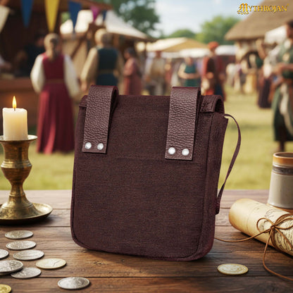 Mythrojan “The Adventurer ’s ” Belt Bag with Horn Toggle, Ideal for SCA LARP Reenactment &amp; Ren fair, Full Grain Leather and Handwoven Canvas, Brown, 8 ” ×7 ”