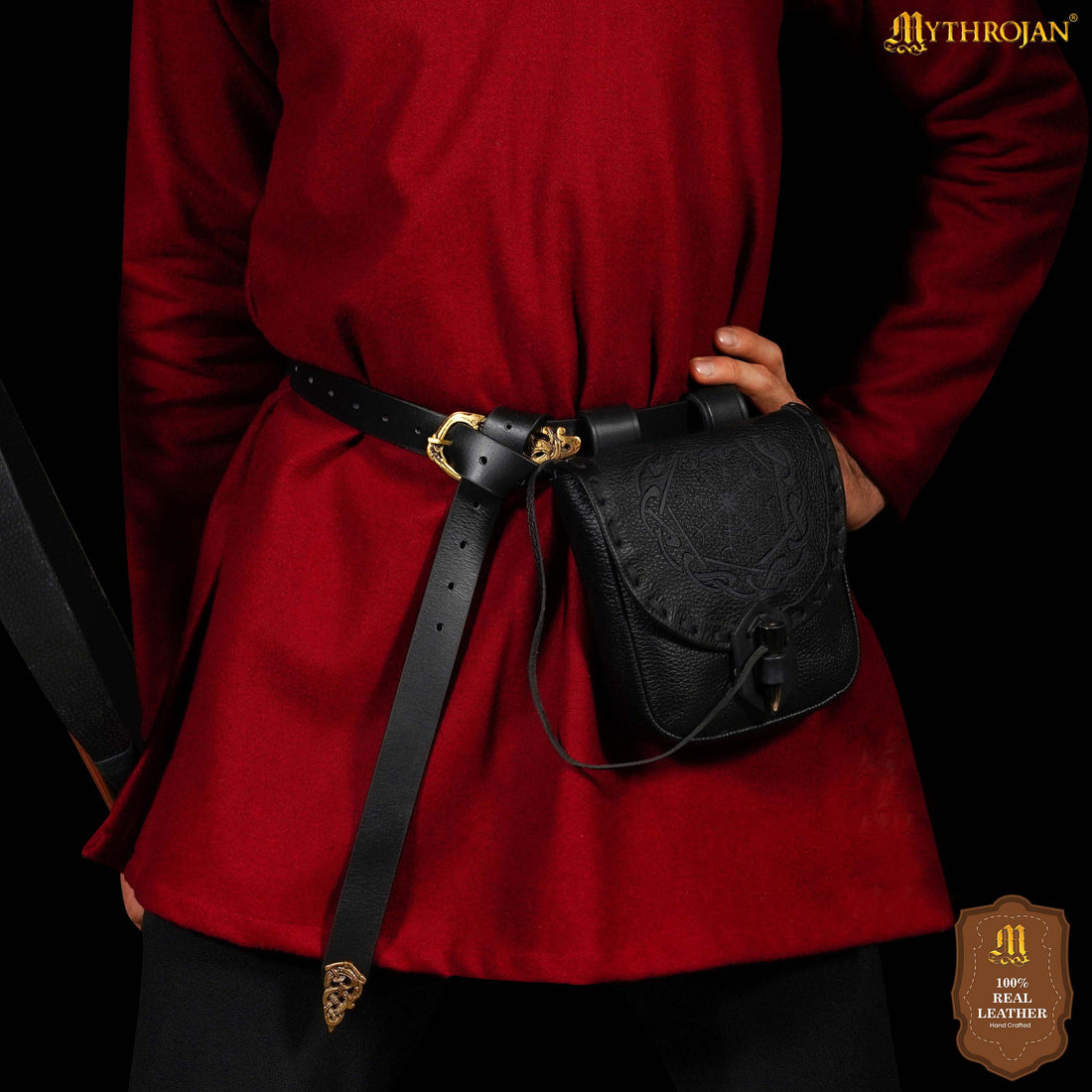 Mythrojan “The Adventurer’s” Belt Bag with Horn Toggle, ideal for SCA LARP reenactment &amp; Ren fair, Full Grain Leather, Black 7”