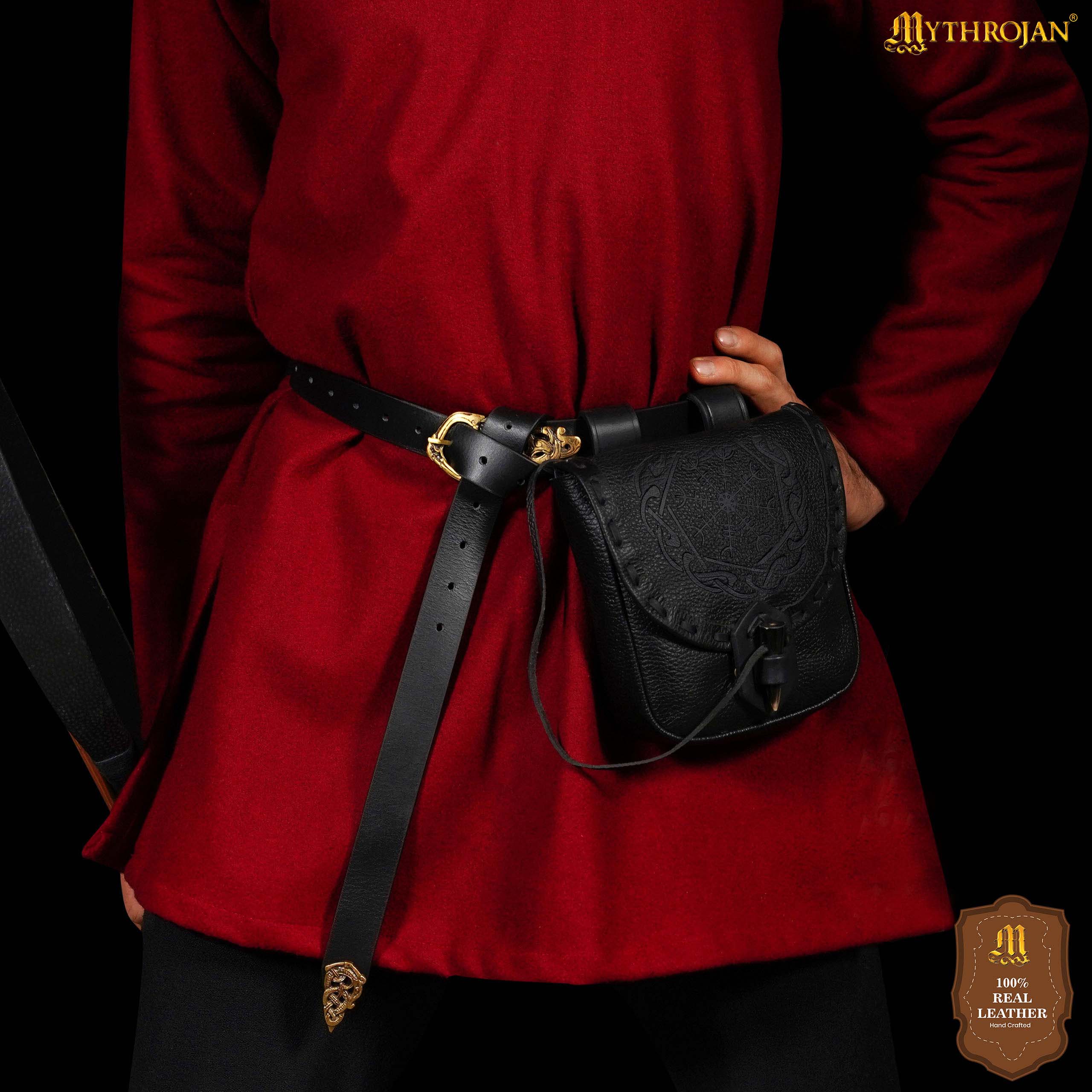 Mythrojan “The Adventurer’s” Belt Bag with Horn Toggle, ideal for SCA LARP reenactment &amp; Ren fair, Full Grain Leather, Black 7”