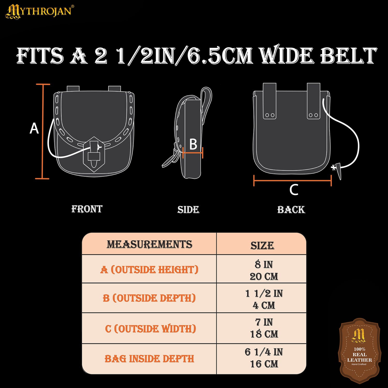 Mythrojan “The Adventurer’s” Belt Bag with Horn Toggle, ideal for SCA LARP reenactment &amp; Ren fair, Full Grain Leather, Black 7”