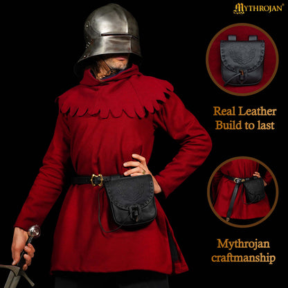 Mythrojan “The Adventurer’s” Belt Bag with Horn Toggle, ideal for SCA LARP reenactment &amp; Ren fair, Full Grain Leather, Black 7”
