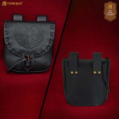 Mythrojan “The Adventurer’s” Belt Bag with Horn Toggle, ideal for SCA LARP reenactment &amp; Ren fair, Full Grain Leather, Black 7”