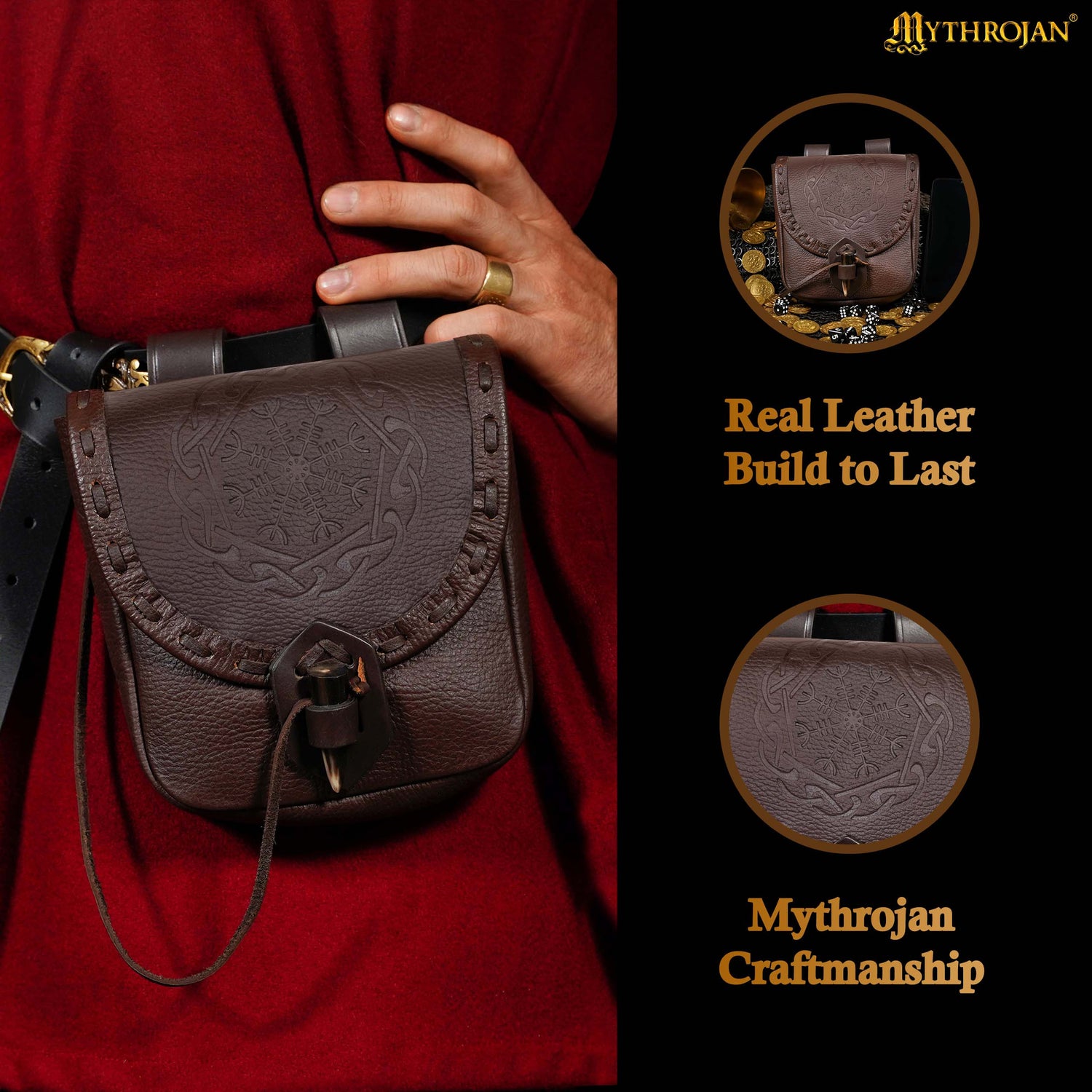 Mythrojan “The Adventurer’s” Belt Bag with Horn Toggle, ideal for SCA LARP reenactment &amp; Ren fair, Full Grain Leather, Black 7”