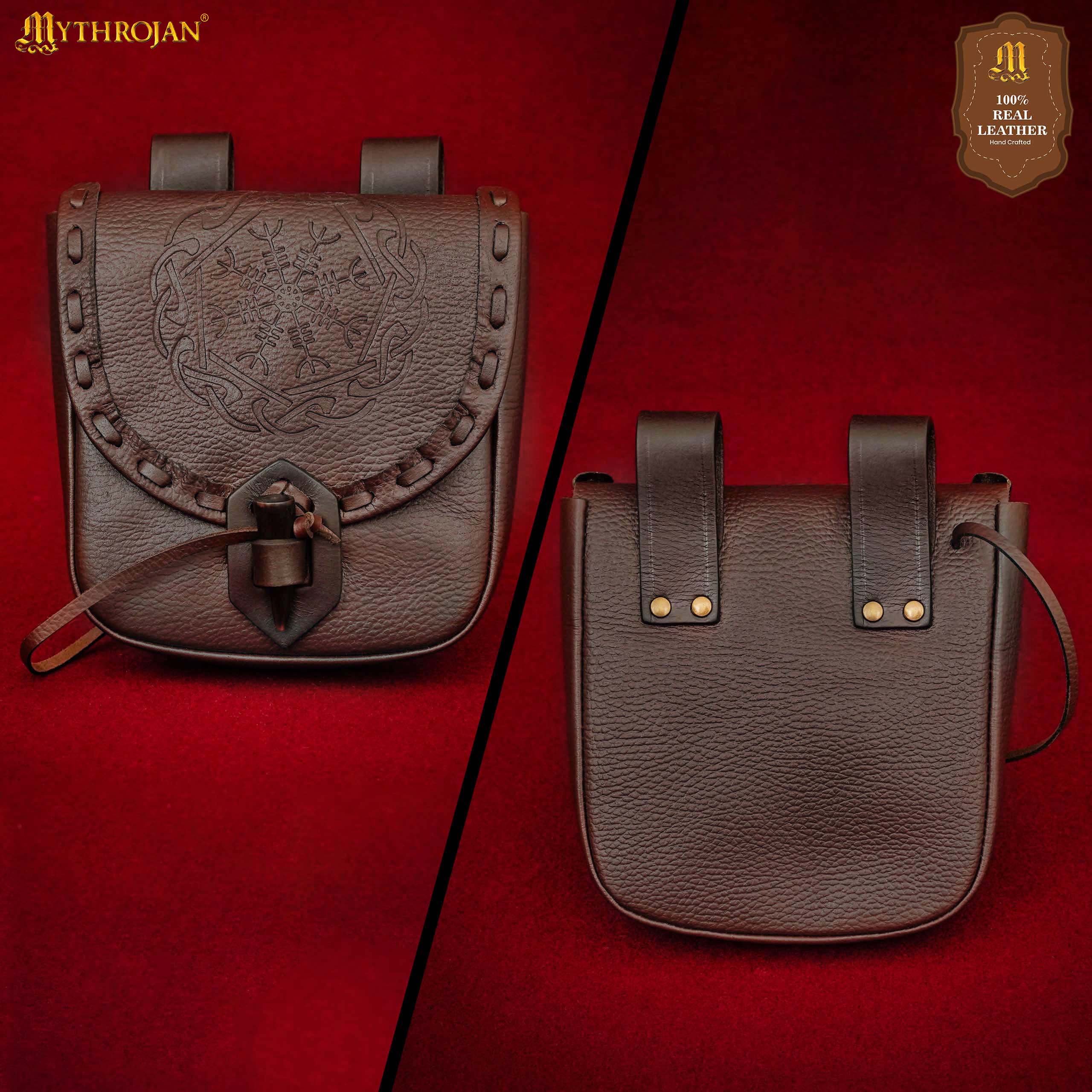 Mythrojan “The Adventurer’s” Belt Bag with Horn Toggle, ideal for SCA LARP reenactment &amp; Ren fair, Full Grain Leather, Black 7”