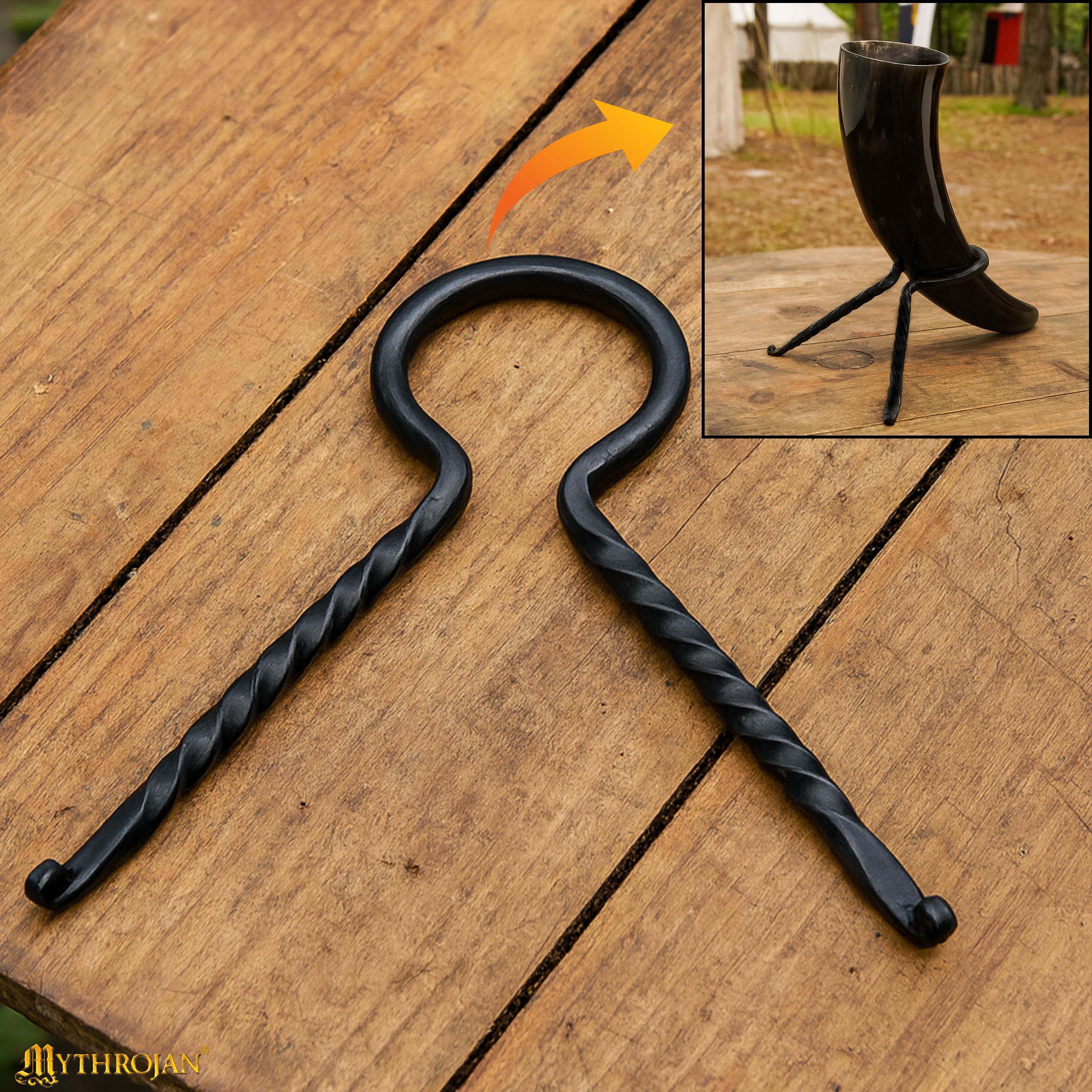 Mythrojan Hand Forged Drinking Ale Horn Rack Twisted Iron Ale Mead Horn Stand Medieval &amp; Viking - Viking