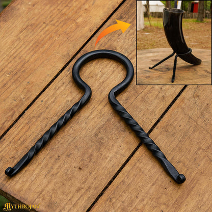 Mythrojan Hand Forged Drinking Ale Horn Rack Twisted Iron Ale Mead Horn Stand Medieval &amp; Viking - Viking