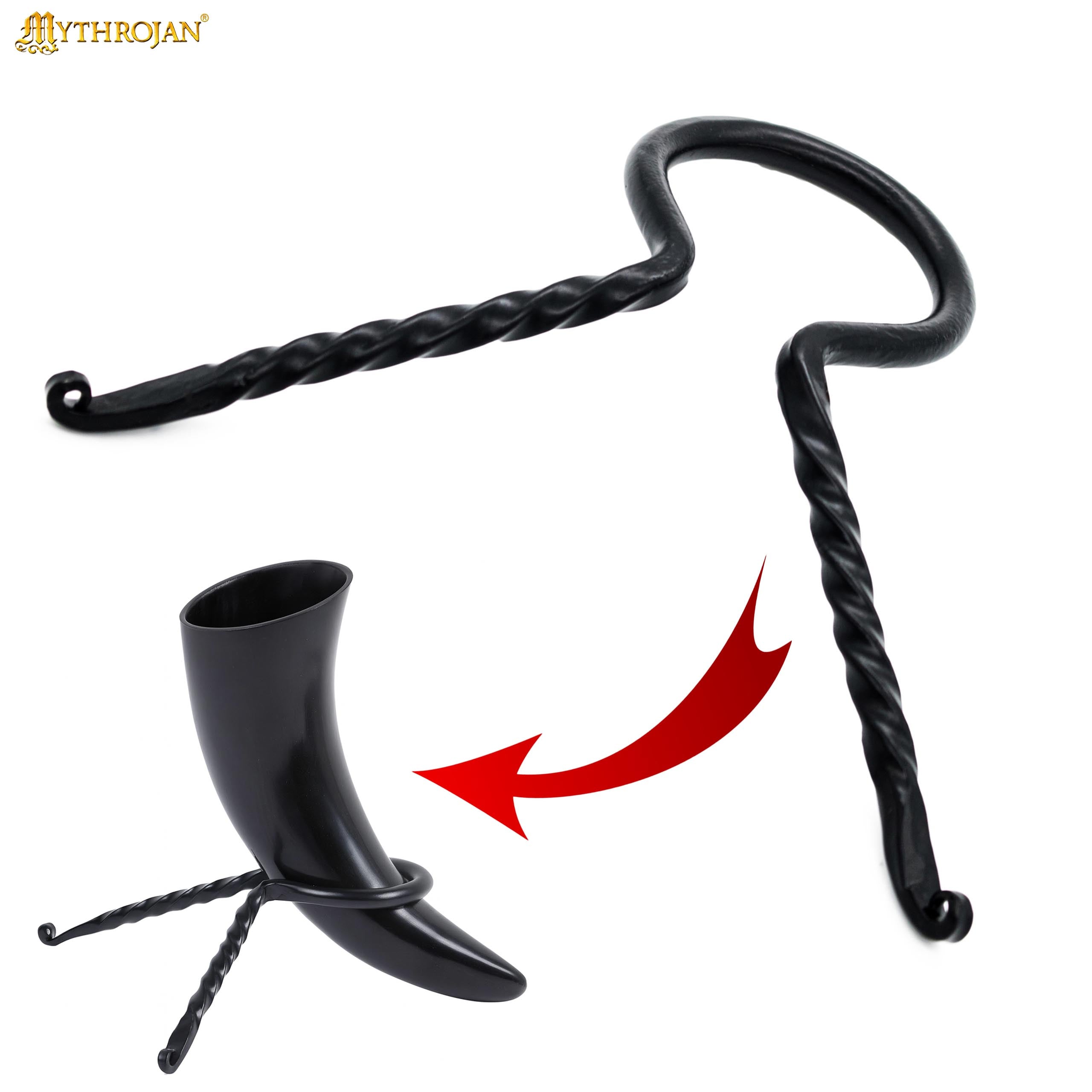Mythrojan Hand Forged Drinking Ale Horn Rack Twisted Iron Ale Mead Horn Stand Medieval &amp; Viking - Viking