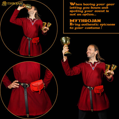 Mythrojan “ The Medieval Burglar ” Leather Bag, Ideal for SCA LARP Reenactment &amp; Ren fair - Full Grain Leather, Red 4.7 ” ×6.2 ”
