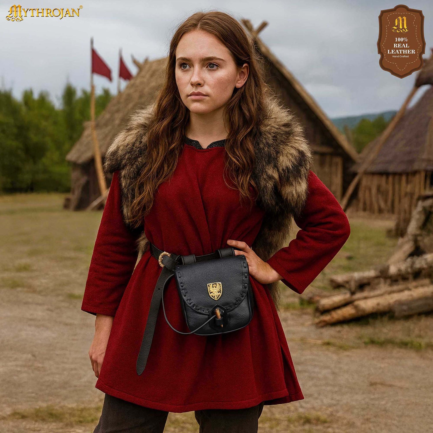 Mythrojan “The Adventurer’s” Belt Bag with Solid Brass Eagle Decoration , Ideal for SCA LARP Reenactment &amp; Ren fair, Full Grain Leather, Black , 8”x 7”