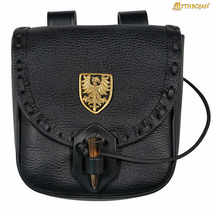 Mythrojan “The Adventurer’s” Belt Bag with Solid Brass Eagle Decoration , Ideal for SCA LARP Reenactment &amp; Ren fair, Full Grain Leather, Black , 8”x 7”