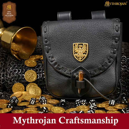 Mythrojan “The Adventurer’s” Belt Bag with Solid Brass Eagle Decoration , Ideal for SCA LARP Reenactment &amp; Ren fair, Full Grain Leather, Black , 8”x 7”