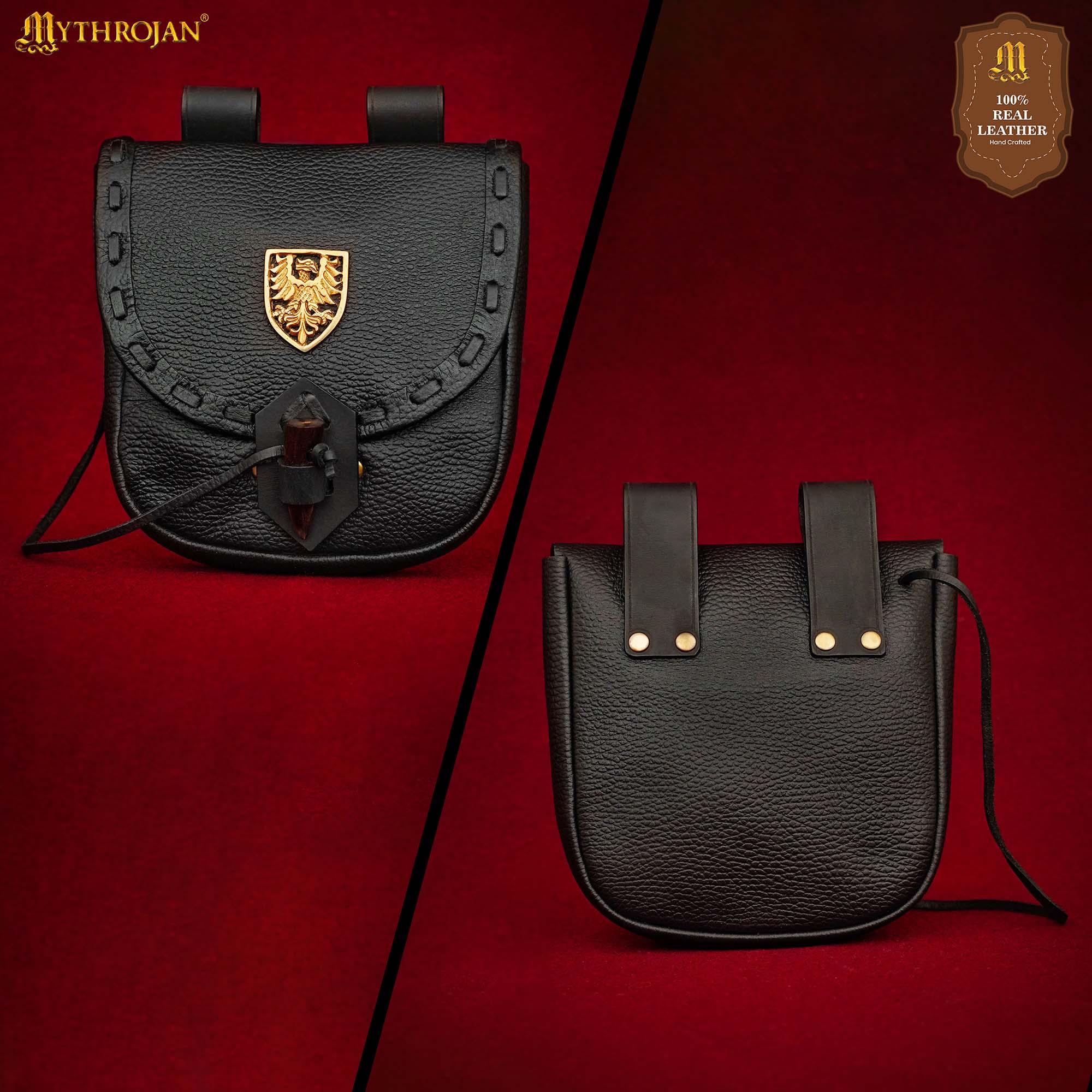 Mythrojan “The Adventurer’s” Belt Bag with Solid Brass Eagle Decoration , Ideal for SCA LARP Reenactment &amp; Ren fair, Full Grain Leather, Black , 8”x 7”