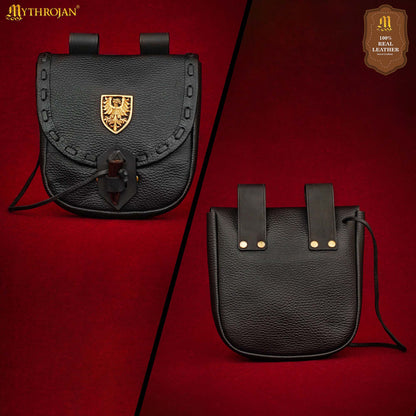 Mythrojan “The Adventurer’s” Belt Bag with Solid Brass Eagle Decoration , Ideal for SCA LARP Reenactment &amp; Ren fair, Full Grain Leather, Black , 8”x 7”