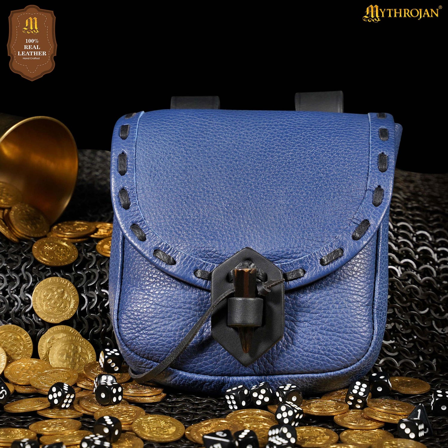 Mythrojan “The Adventurer’s” Belt Bag with Horn Toggle, Ideal for SCA LARP Reenactment &amp; Ren fair, Full Grain Leather, Blue, 8”x 7”