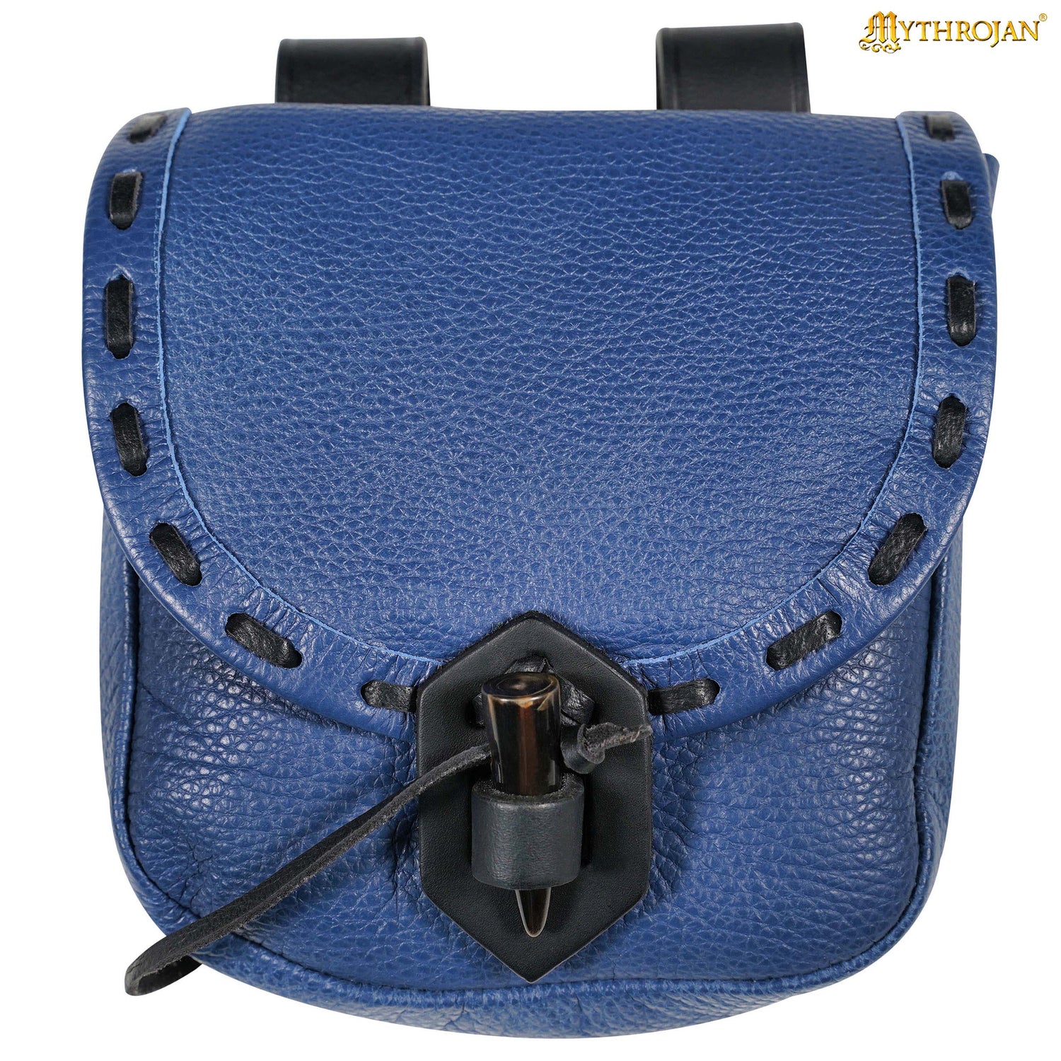 Mythrojan “The Adventurer’s” Belt Bag with Horn Toggle, Ideal for SCA LARP Reenactment &amp; Ren fair, Full Grain Leather, Blue, 8”x 7”