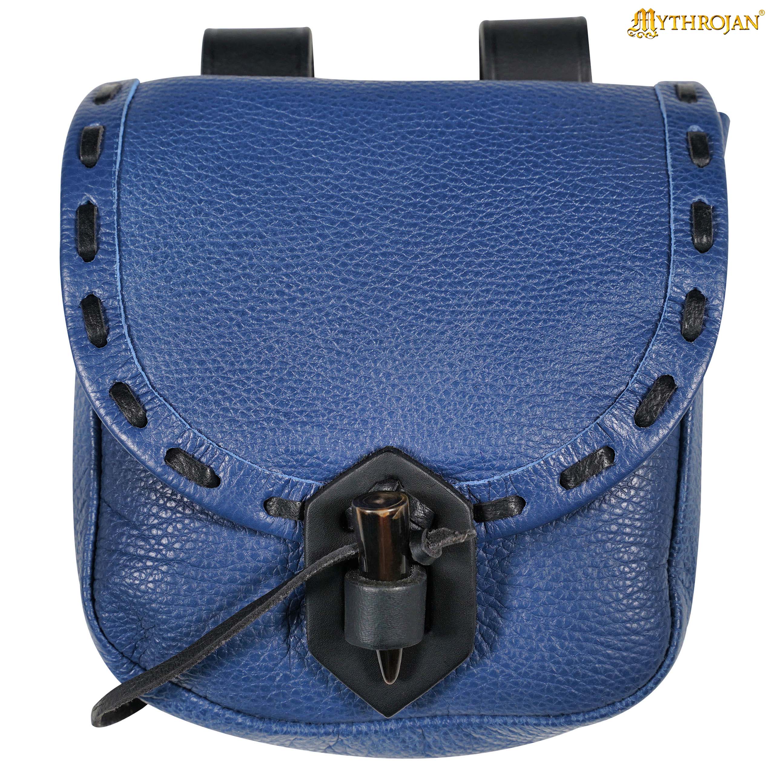 Mythrojan “The Adventurer’s” Belt Bag with Horn Toggle, Ideal for SCA LARP Reenactment &amp; Ren fair, Full Grain Leather, Blue, 8”x 7”