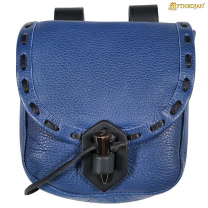 Mythrojan “The Adventurer’s” Belt Bag with Horn Toggle, Ideal for SCA LARP Reenactment &amp; Ren fair, Full Grain Leather, Blue, 8”x 7”