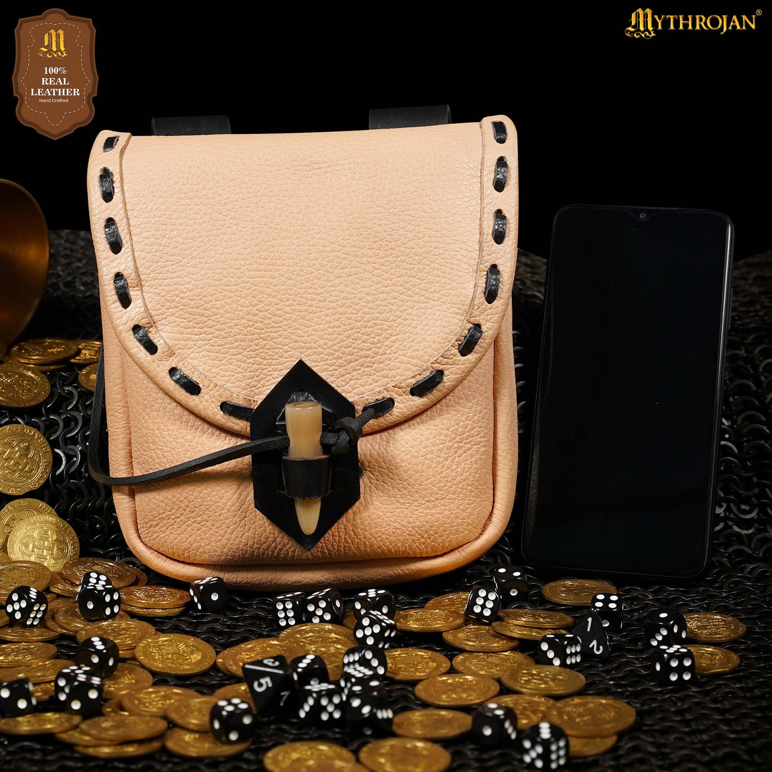 Mythrojan “The Adventurer’s” Belt Bag with Horn Toggle, Ideal for SCA LARP Reenactment &amp; Ren fair, Full Grain Leather, Natural, 8”x 7”