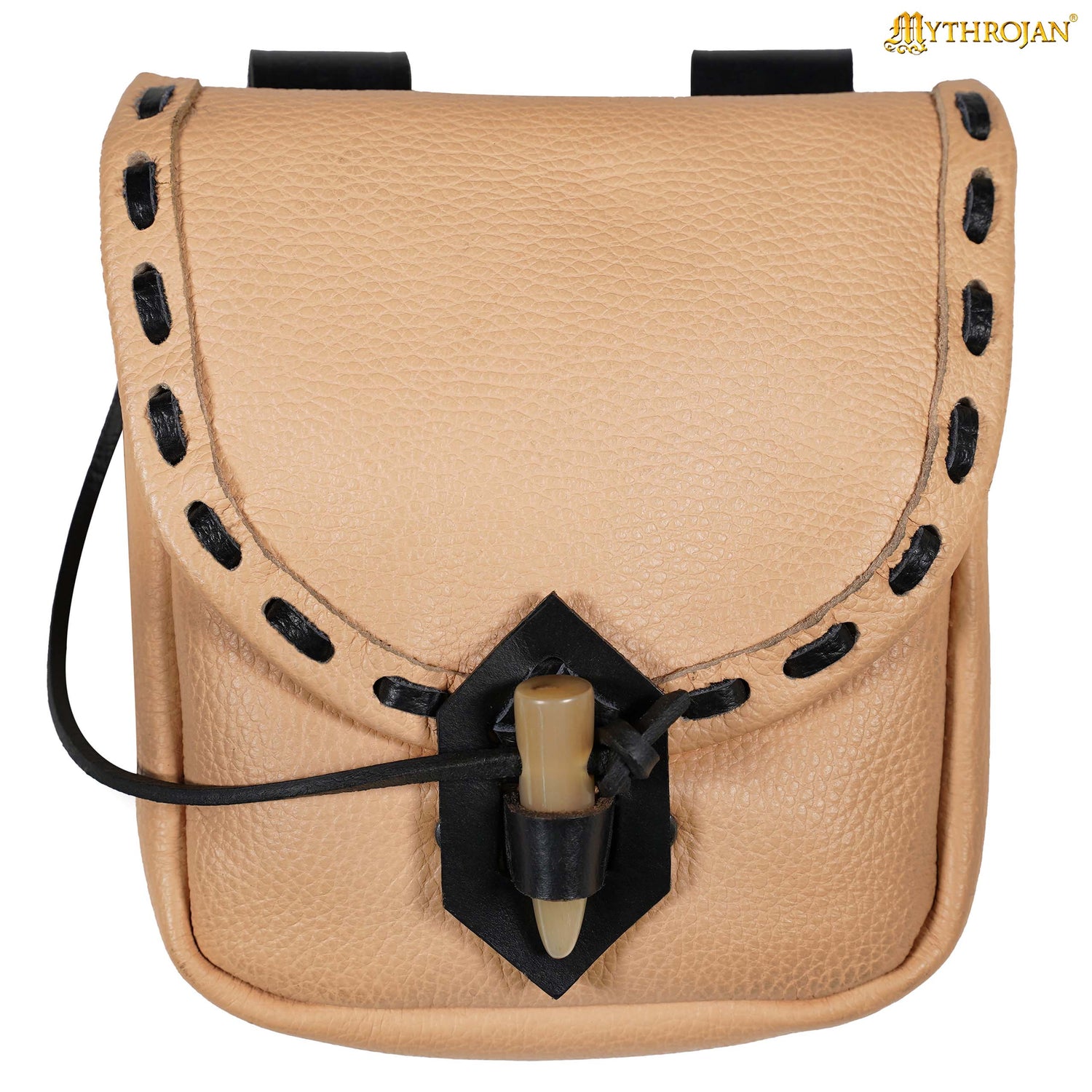 Mythrojan “The Adventurer’s” Belt Bag with Horn Toggle, Ideal for SCA LARP Reenactment &amp; Ren fair, Full Grain Leather, Natural, 8”x 7”