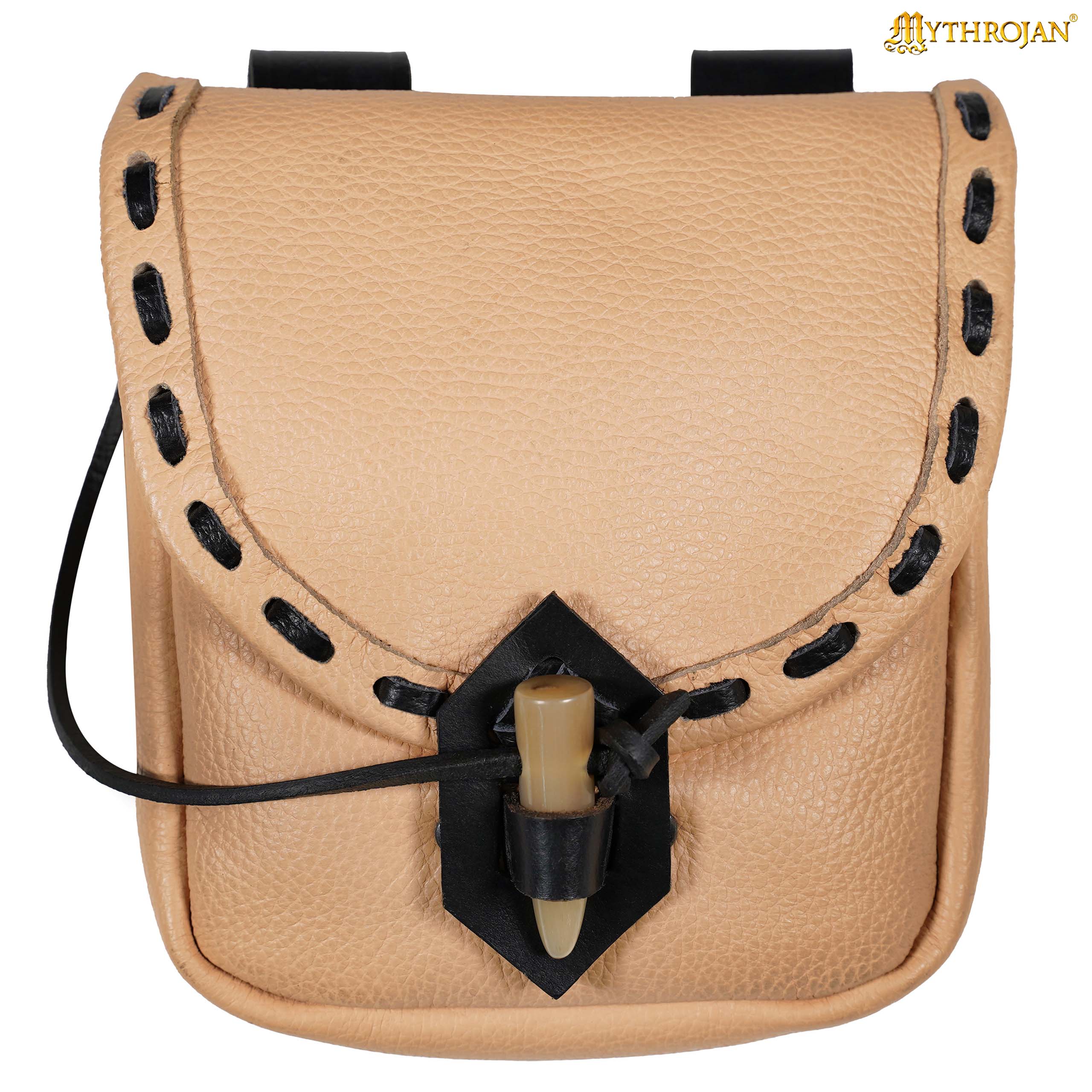 Mythrojan “The Adventurer’s” Belt Bag with Horn Toggle, Ideal for SCA LARP Reenactment &amp; Ren fair, Full Grain Leather, Natural, 8”x 7”