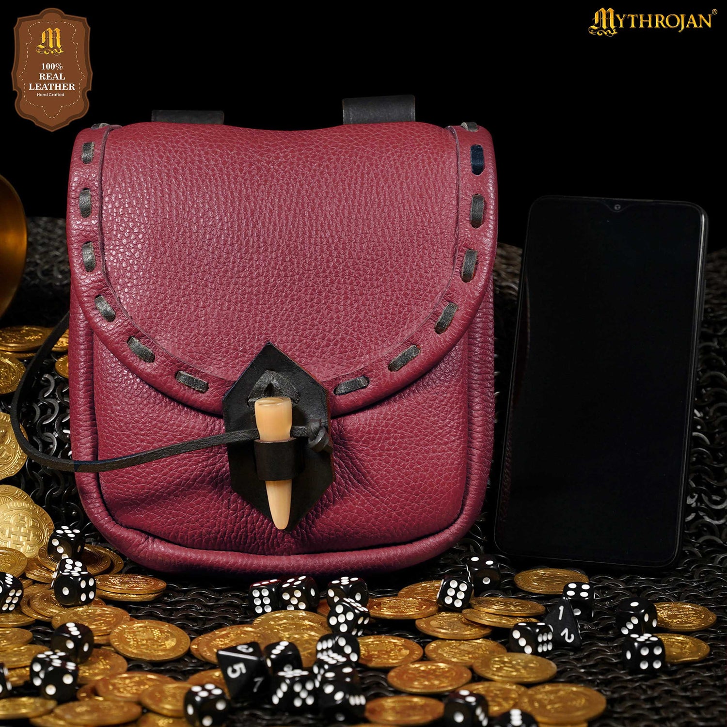 Mythrojan “The Adventurer’s” Belt Bag with Horn Toggle, Ideal for SCA LARP Reenactment &amp; Ren Fair, Full Grain Leather, Wine Red 7”